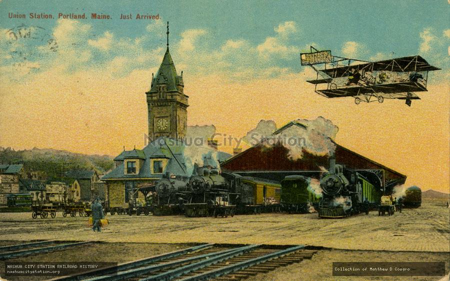 Postcard: Union Station, Portland, Maine.  Just Arrived.